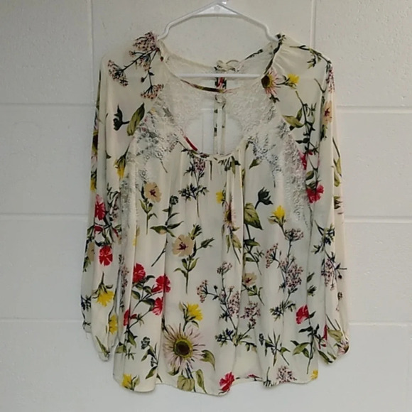 INTRO LIGHTWEIGHT LONGSLEEVE BRIGHT FLORAL LACE COTTAGECORE PEASANT SHIRT - Picture 1 of 7